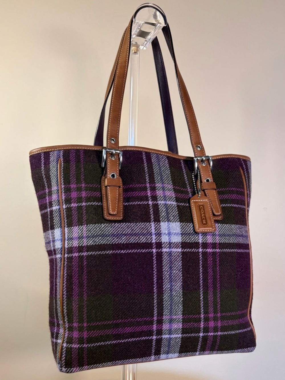 Vintage COACH Hampton Purple Tartan Plaid Wool Leather 83222 EUC